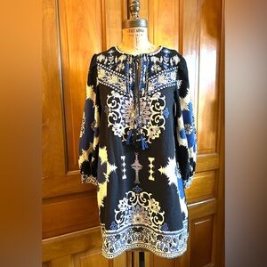 Zara ethnic print mini dress tunic top embroidered sz XS - up to 34 bust cotton